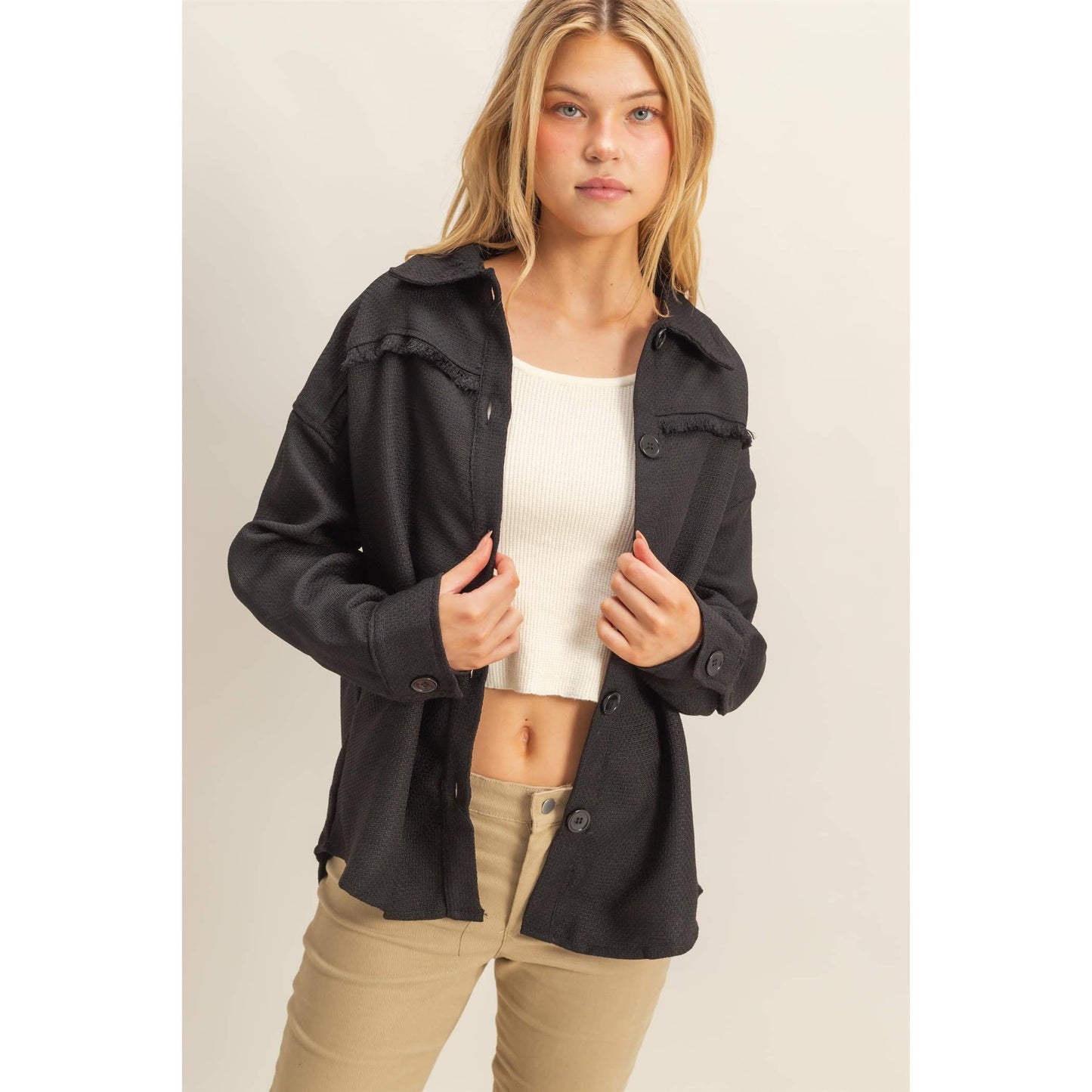 Fray Detail Shacket: BEIGE