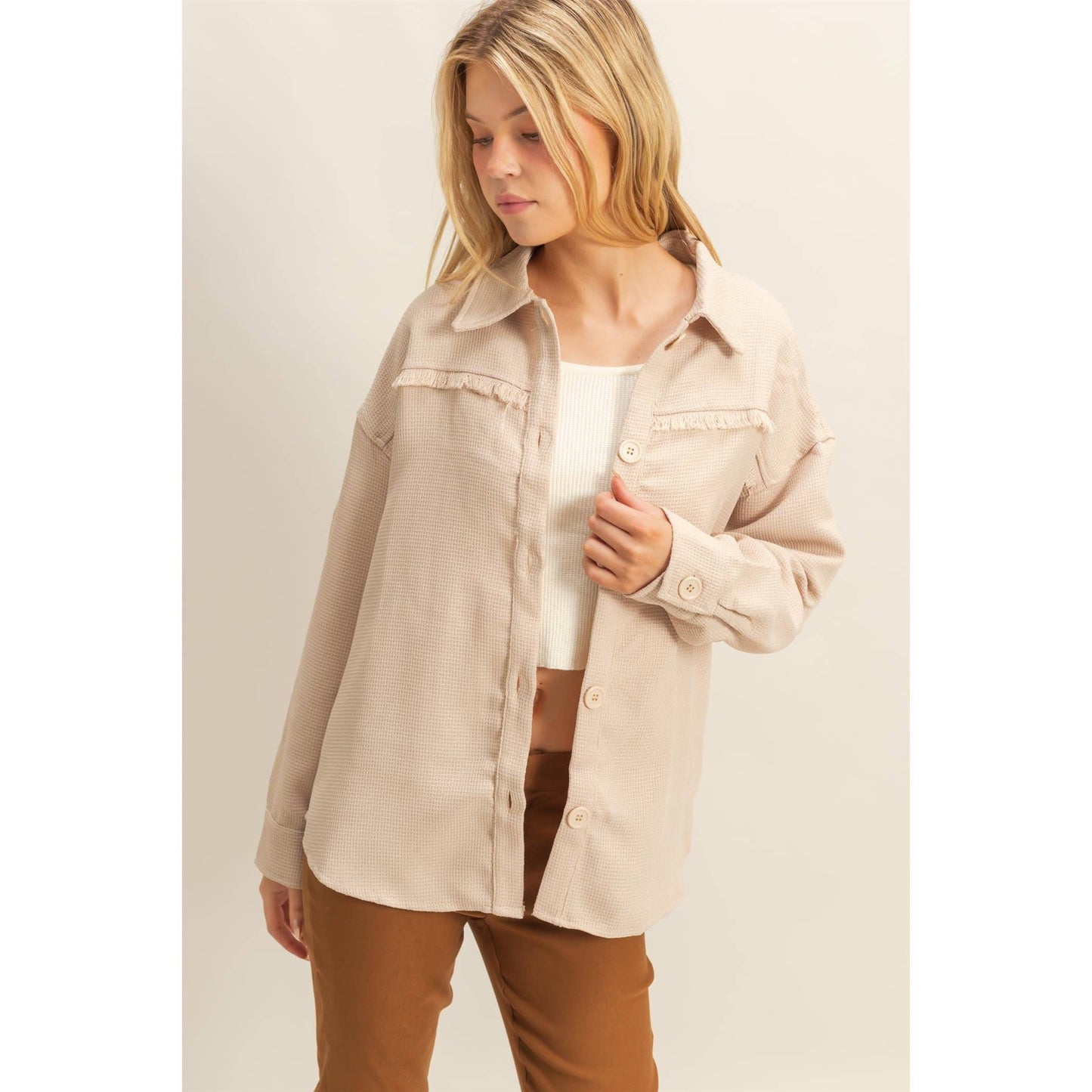 Fray Detail Shacket: BEIGE