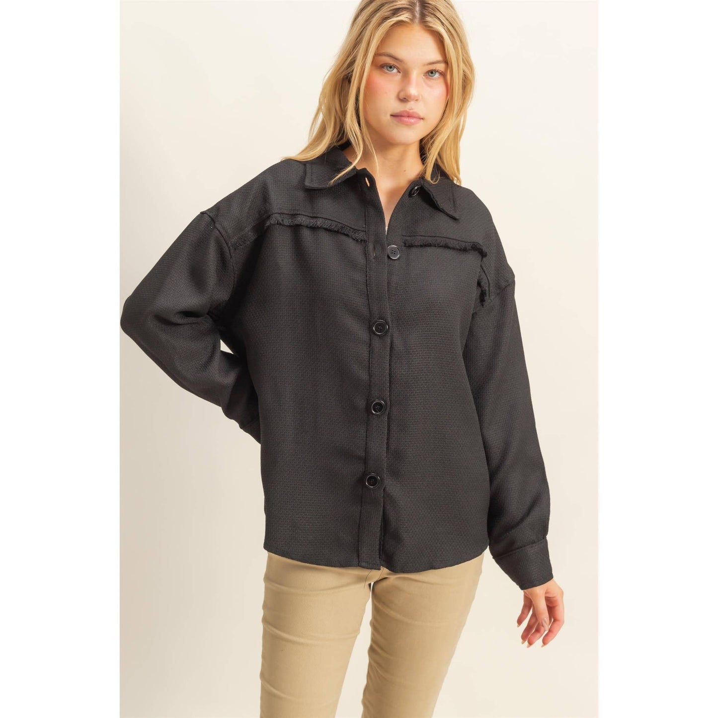 Fray Detail Shacket: BEIGE