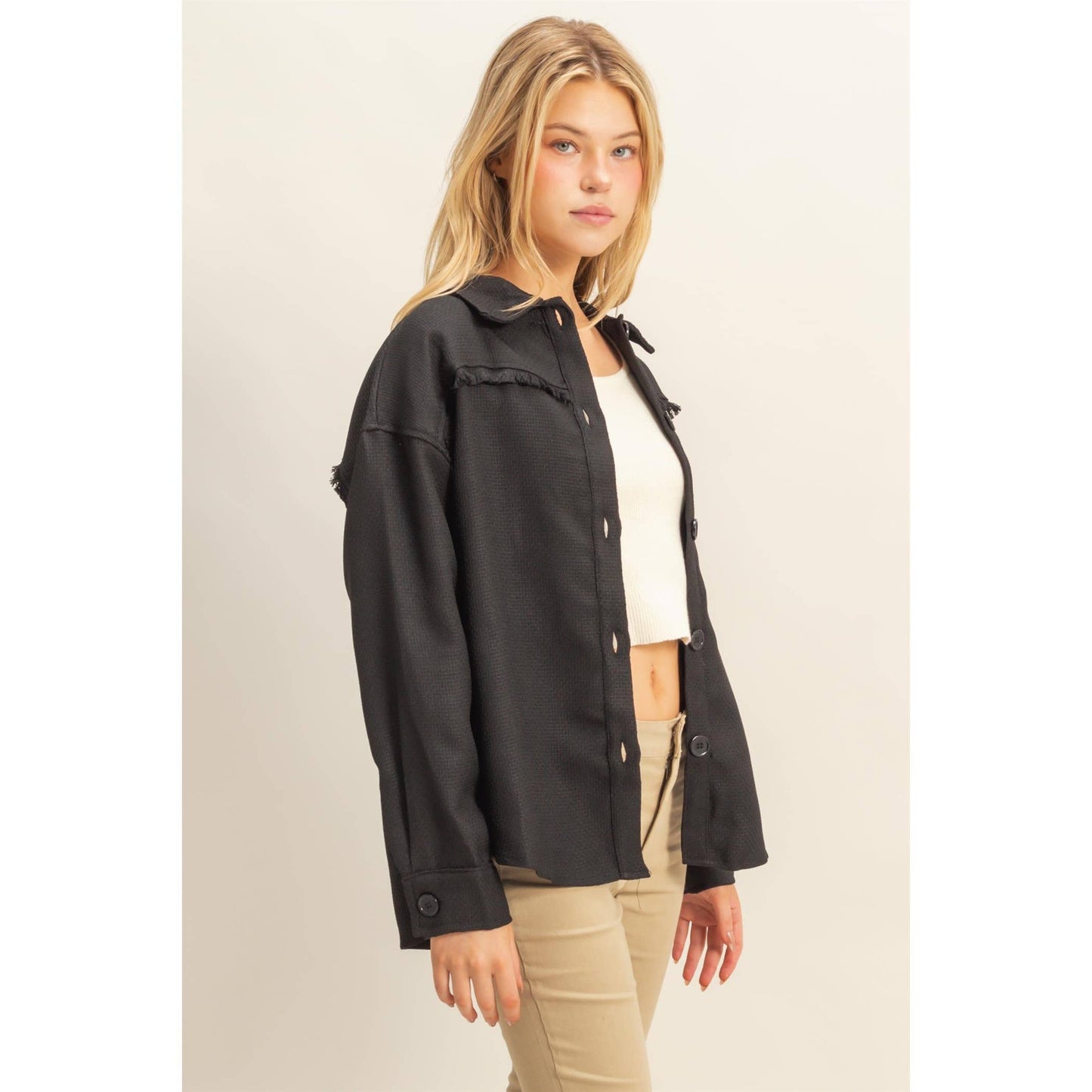 Fray Detail Shacket: BEIGE