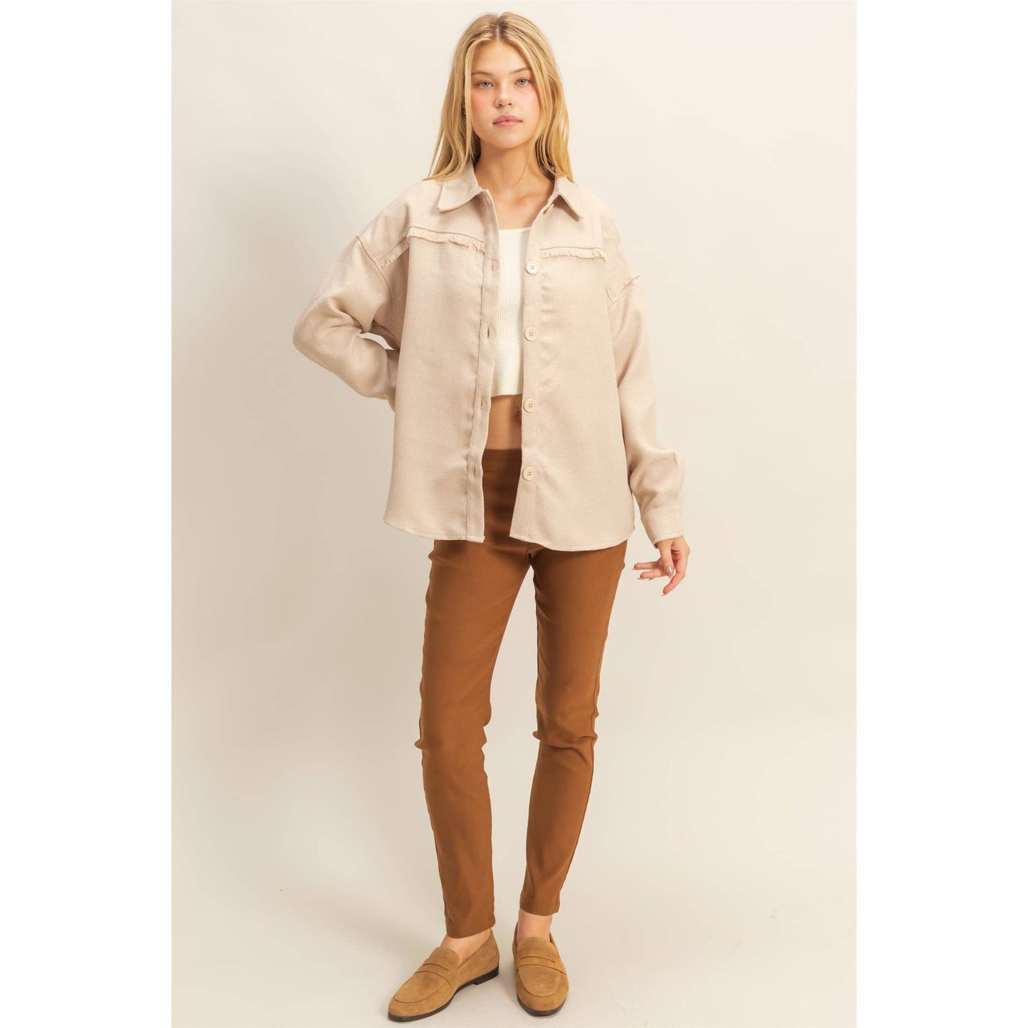 Fray Detail Shacket: BEIGE