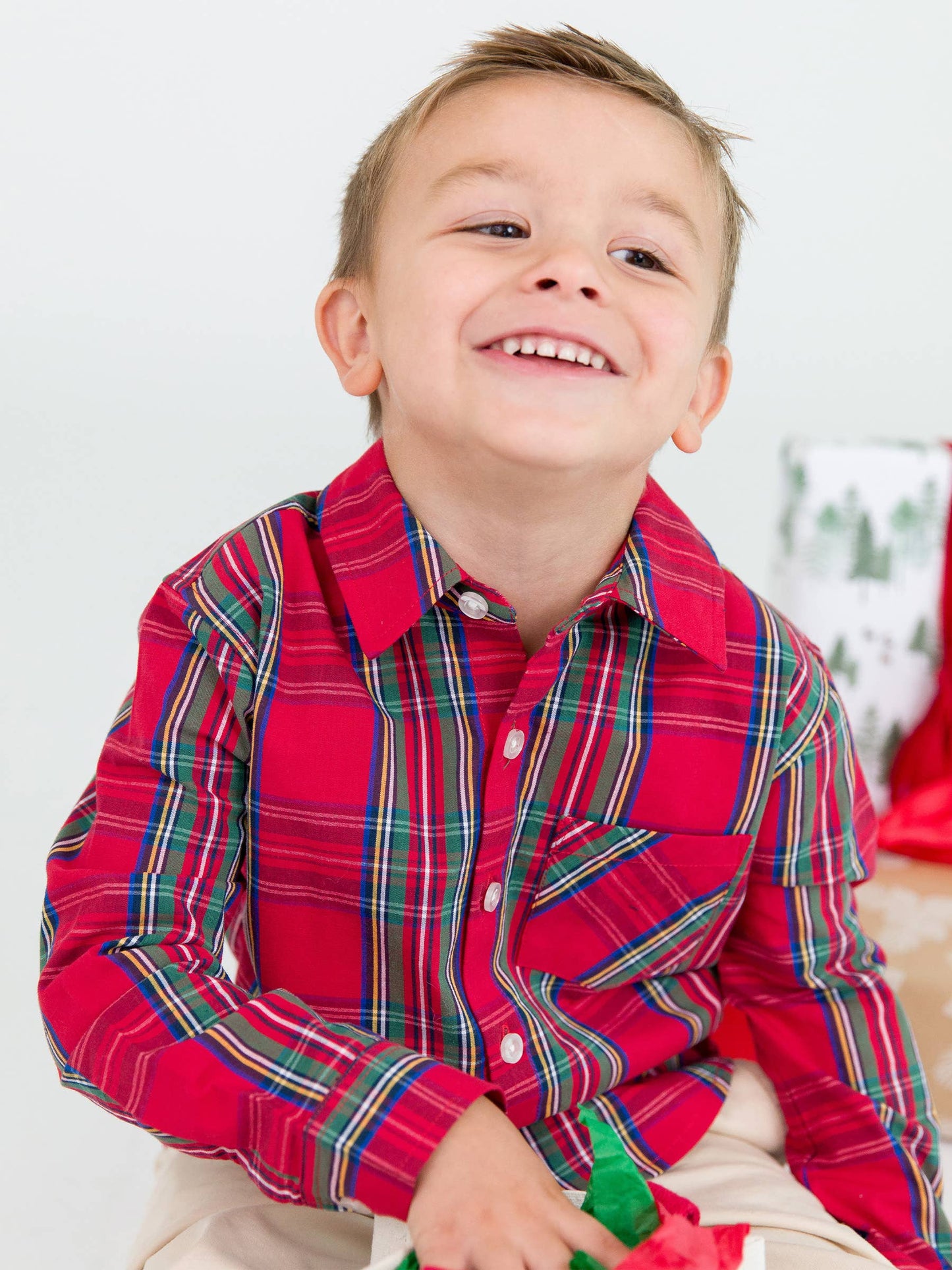 Boys Red Plaid Long Sleeve Button Down Shirt