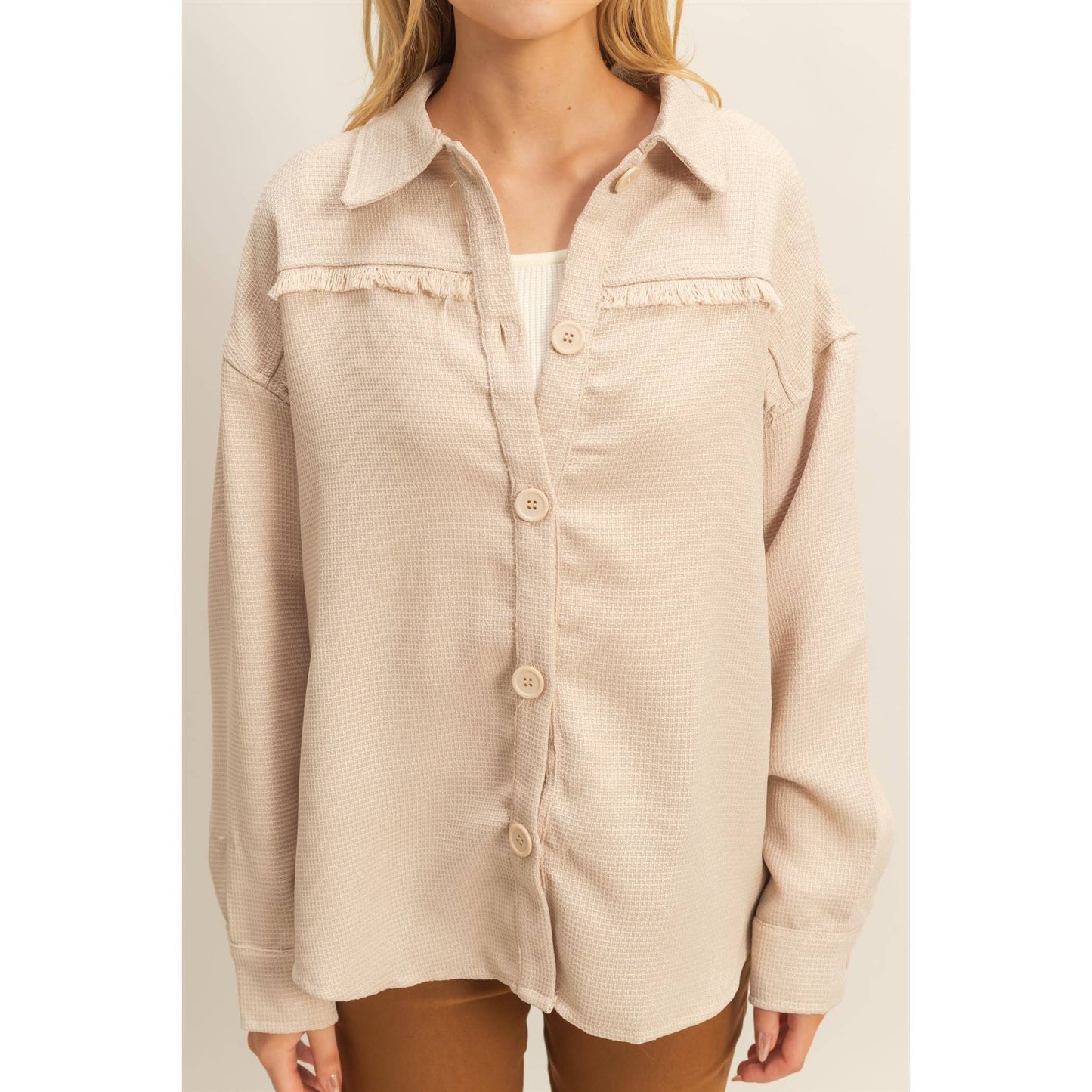 Fray Detail Shacket: BEIGE