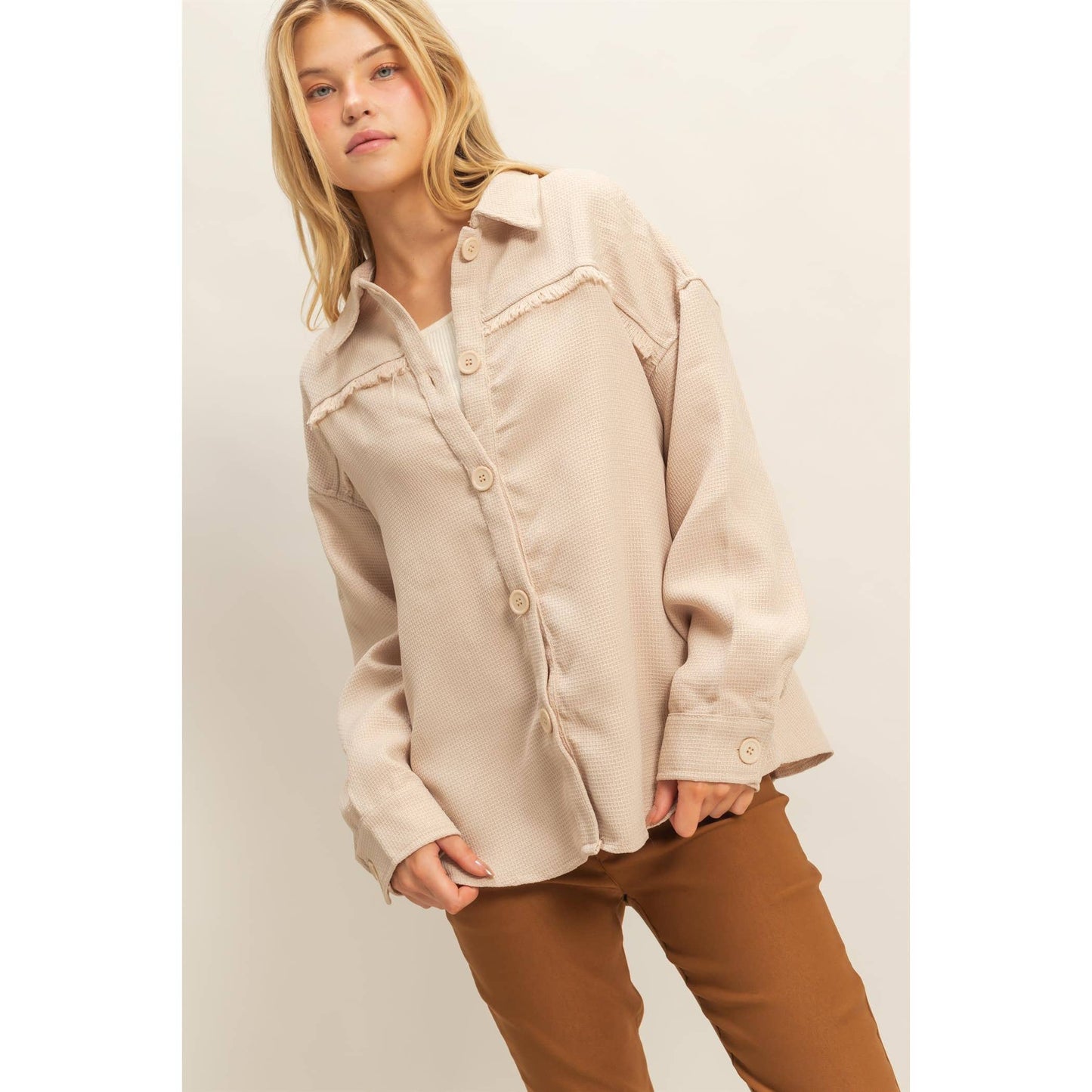 Fray Detail Shacket: BEIGE