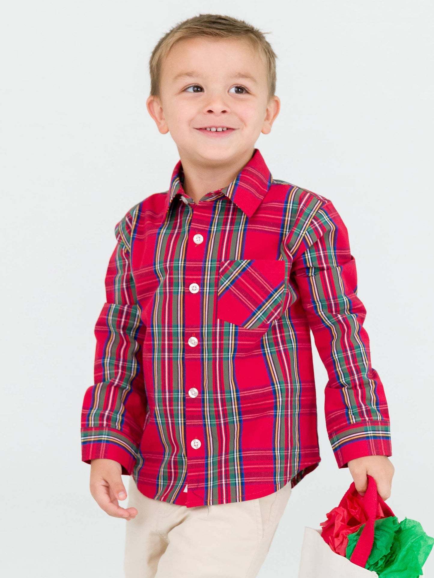 Boys Red Plaid Long Sleeve Button Down Shirt