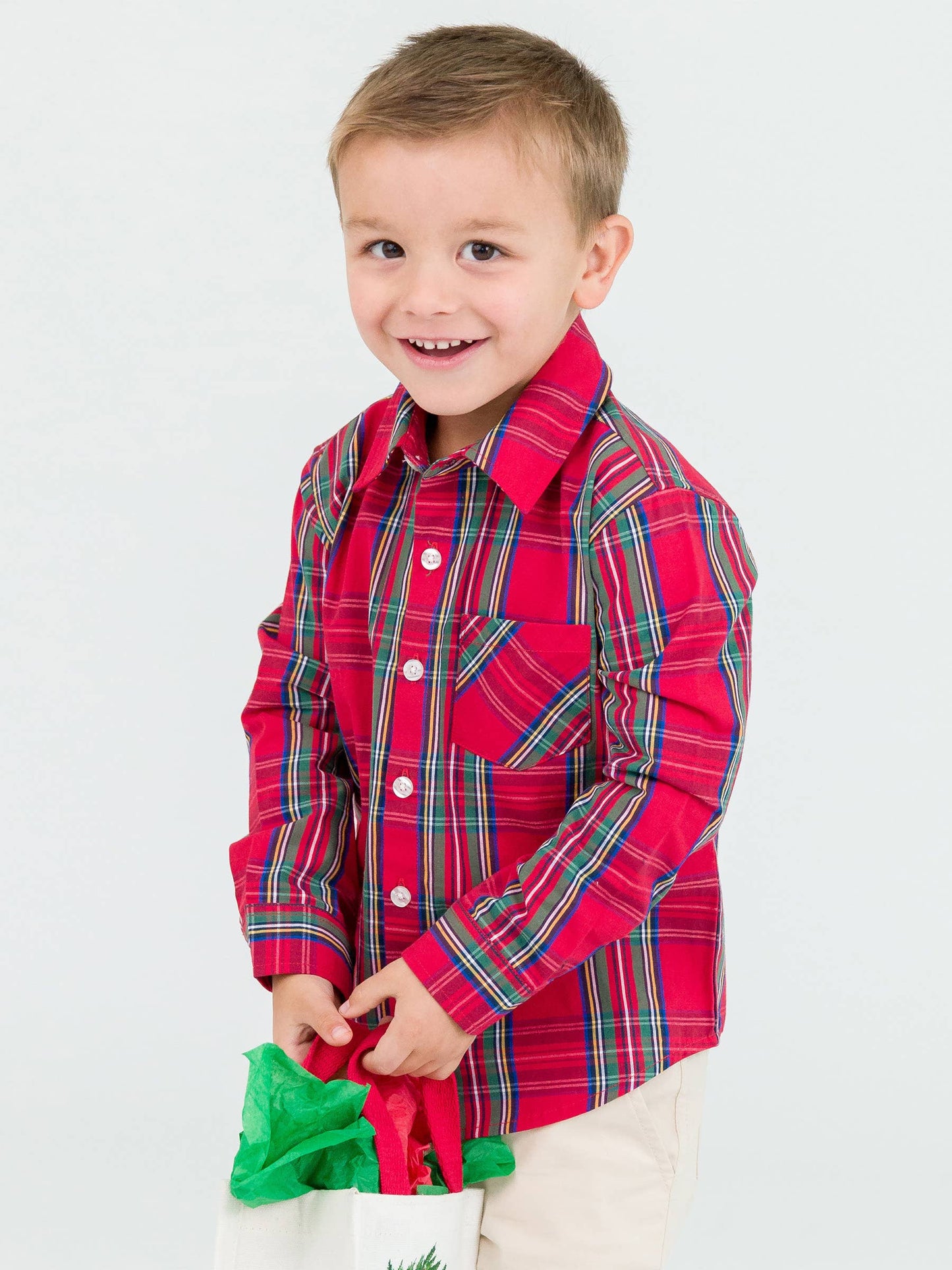 Boys Red Plaid Long Sleeve Button Down Shirt
