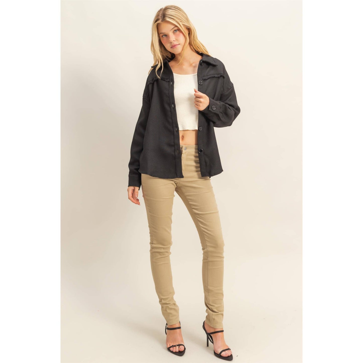 Fray Detail Shacket: BEIGE